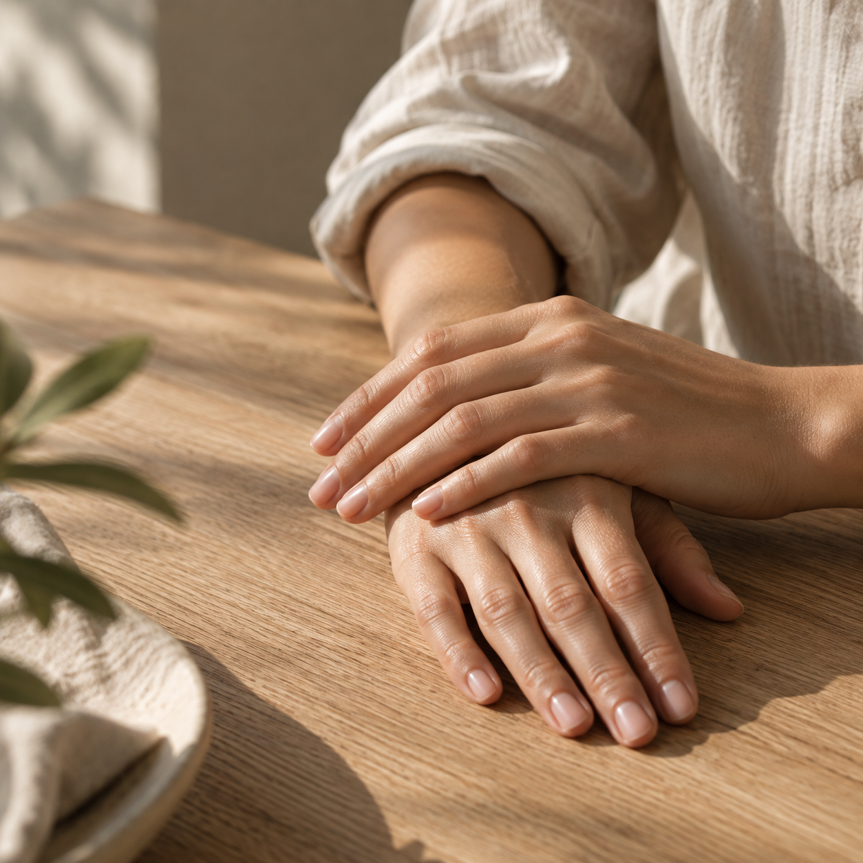 Manos sobre una mesa de madera iluminada con luz natural